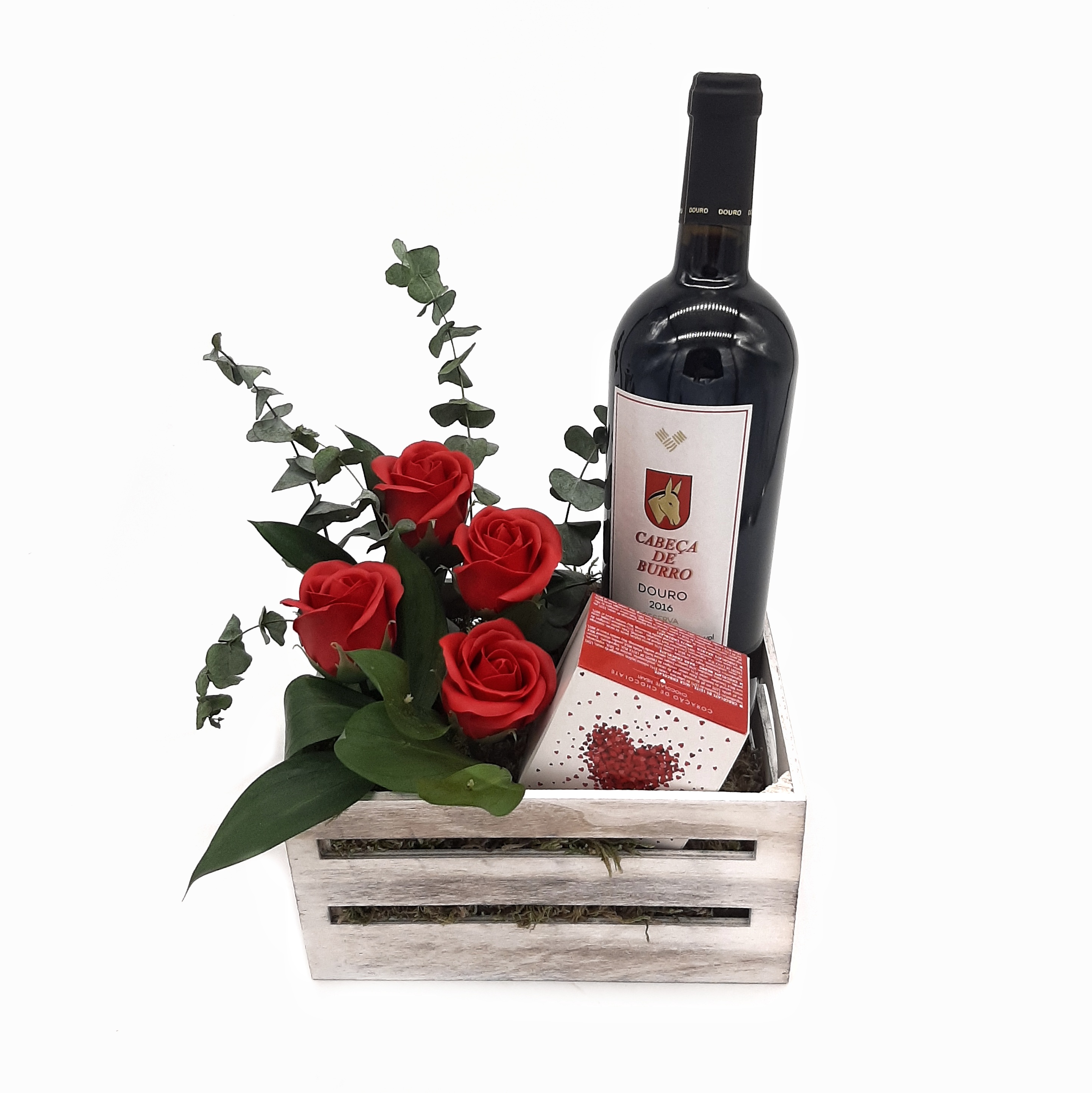 Caixa com Vinho, Rosas de Sabão e Chocolate