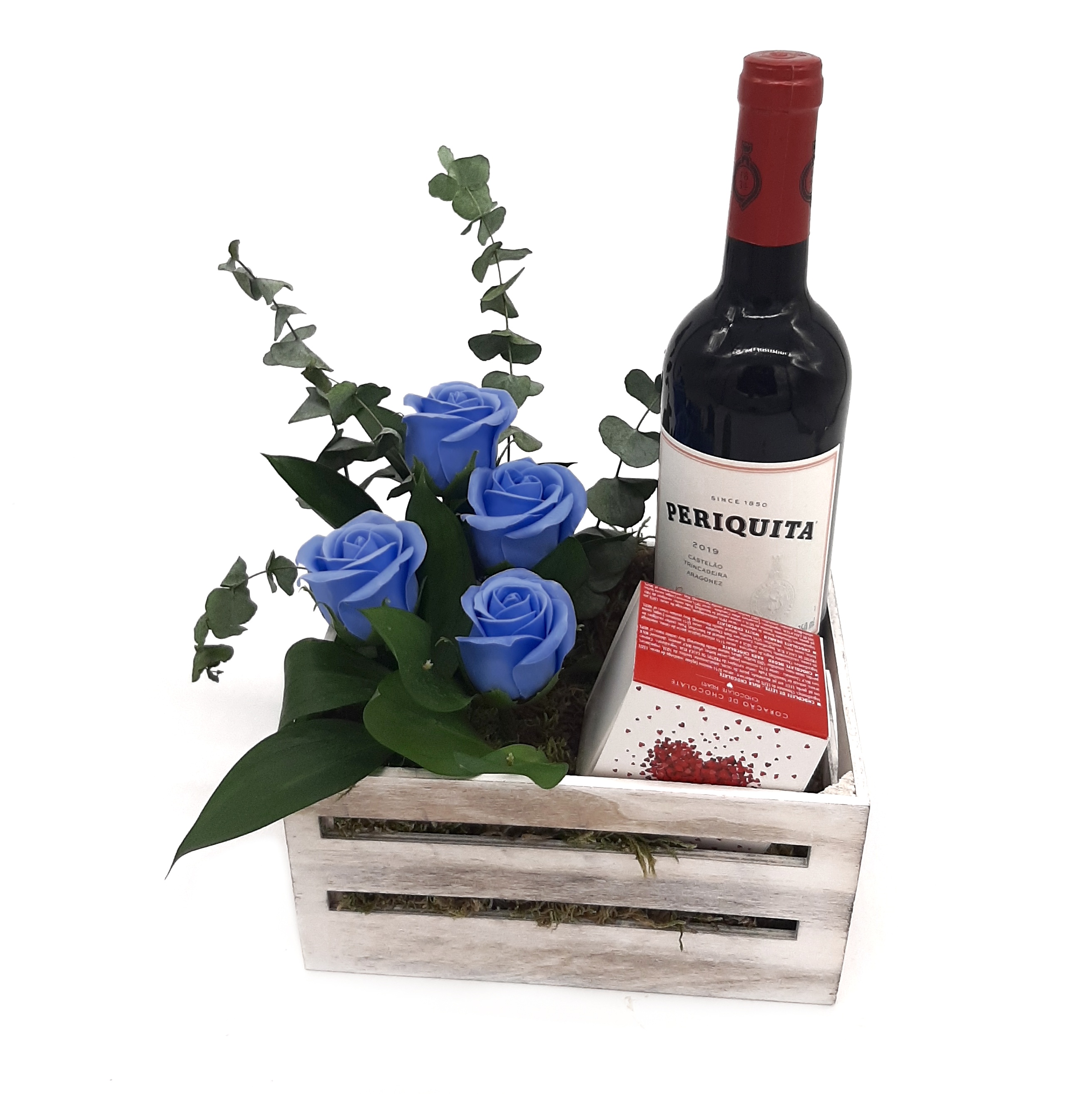 Caixa com Vinho,  Rosas de Sabão e Chocolate